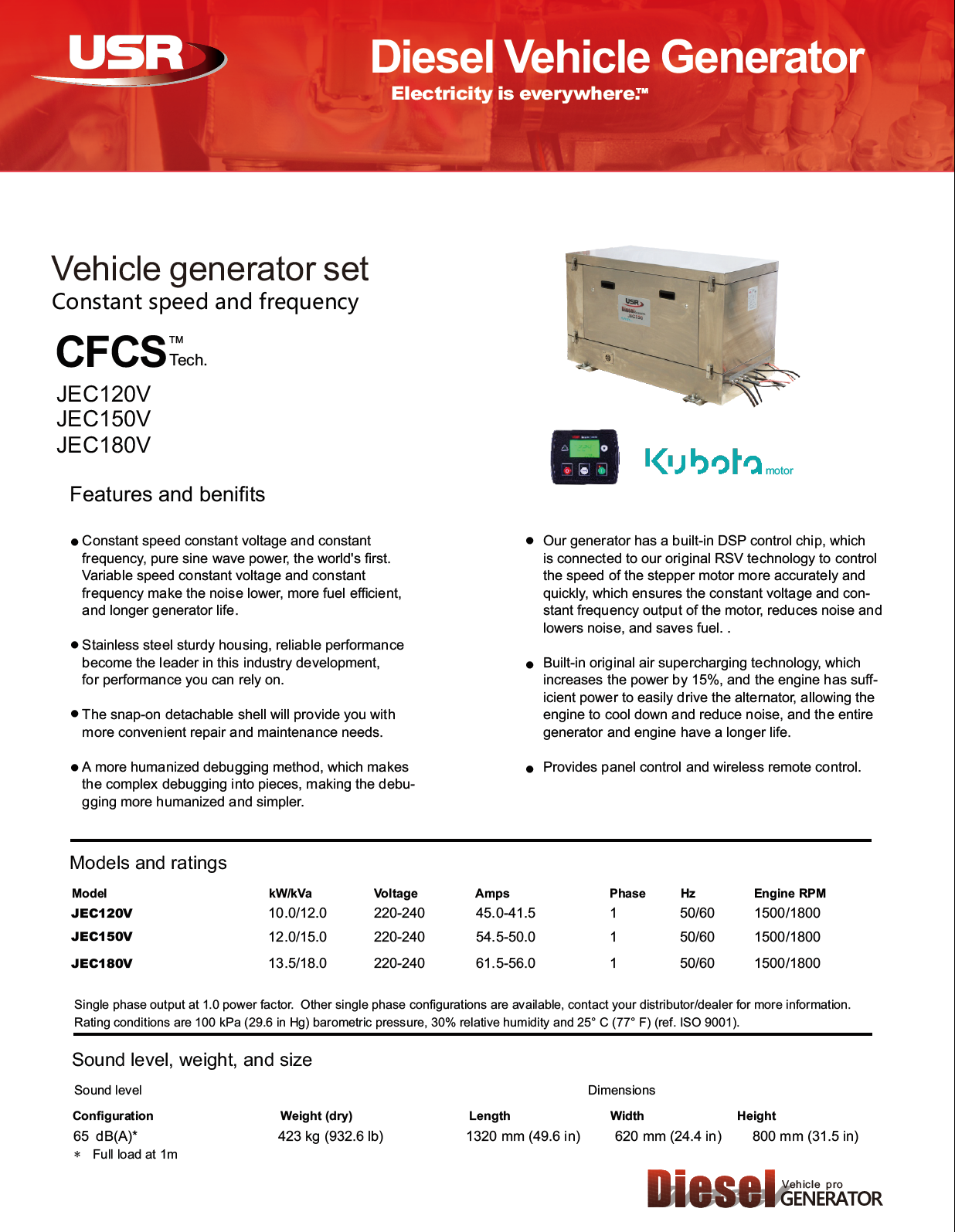 JEC120V 12kW Kubota Diesel Vehicle generator